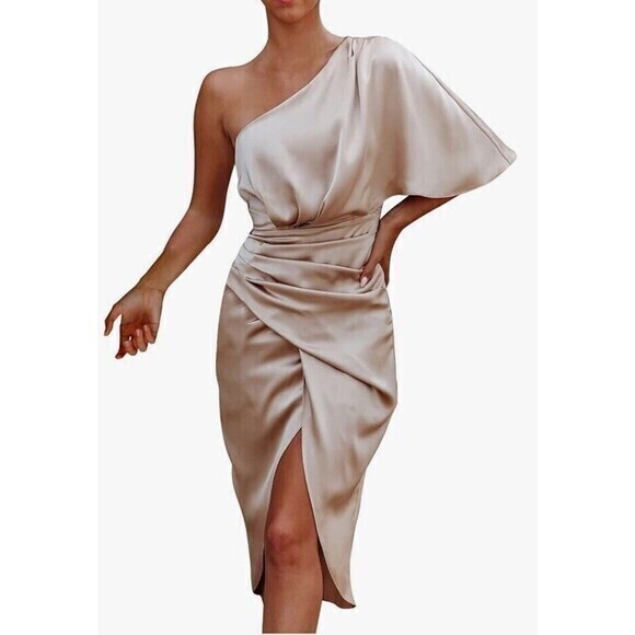 Blue Blush Los Angeles Dresses & Skirts - Measure One Shoulder Satin Midi Dress in White Womens Sz Small